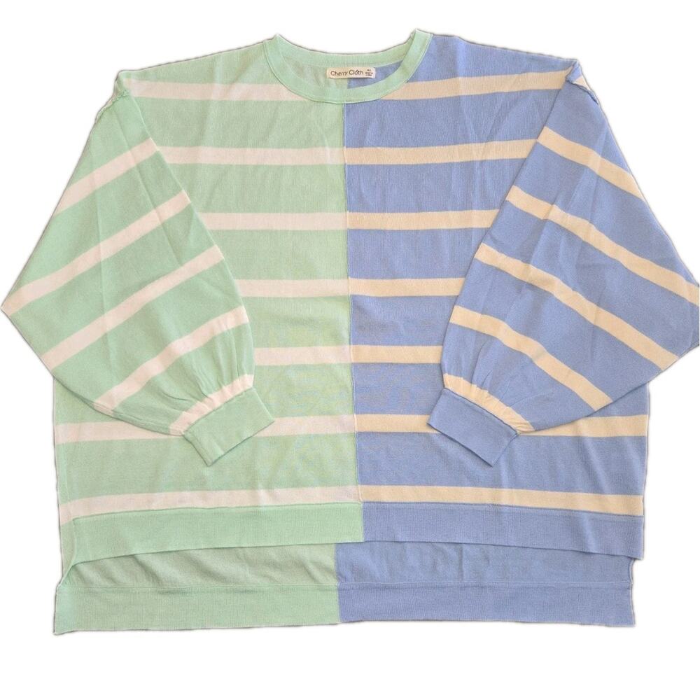 Colorblock Striped Sweater Blue Green Soft Knit M/L Casual Coastal